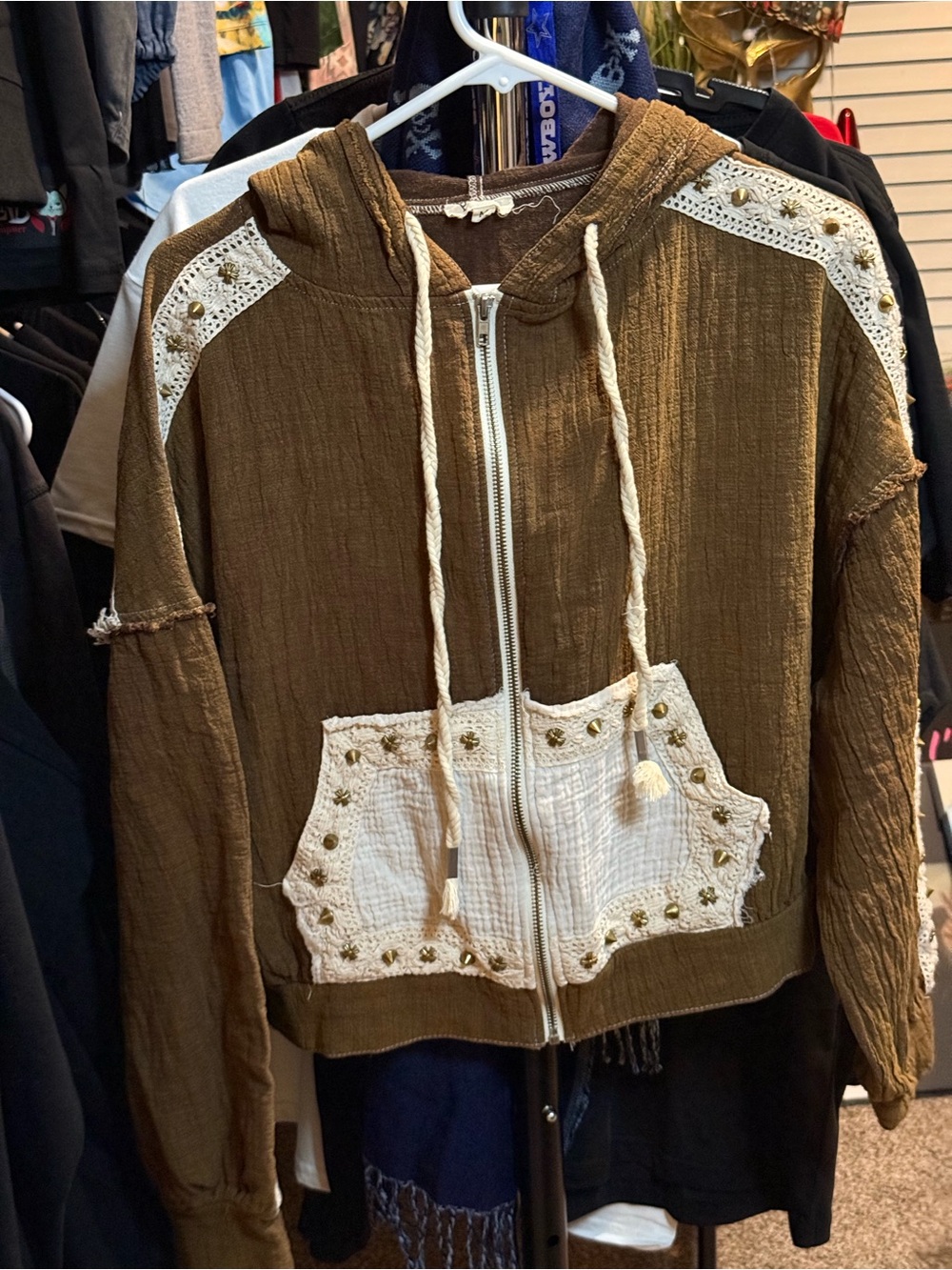 POL Studded Brown Hooded Zip Jacket with Cream Crochet Accents
